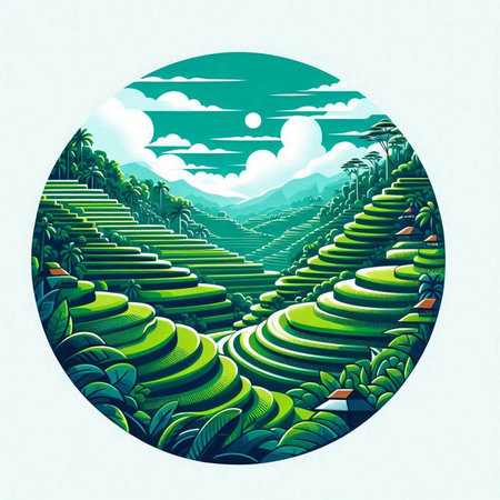 Illustration of green tea terraces in the form of a circleのイラスト素材