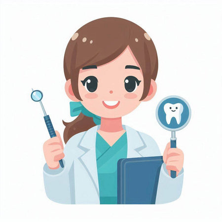 Female dentist holding a mirror and a magnifying glass. Vector illustration.のイラスト素材