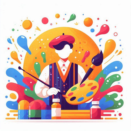 Painter in apron with palette and paintbrushes. Vector illustrationのイラスト素材