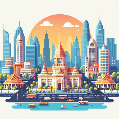 Bangkok cityscape with skyscrapers. Vector illustration in retro styleのイラスト素材