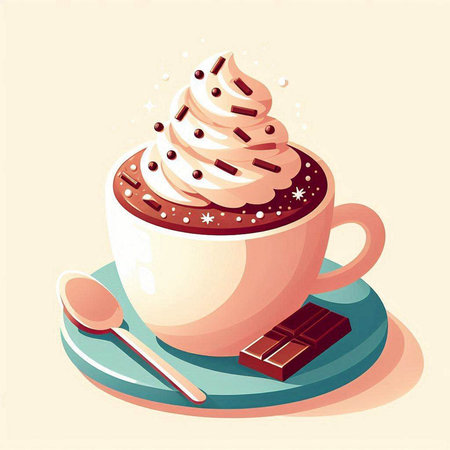 Cup of hot chocolate with whipped cream and chocolate. Vector illustration.のイラスト素材