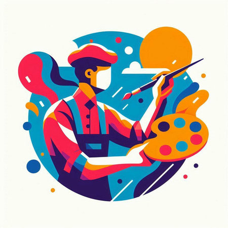 Painter with palette and brush. Colorful vector illustration in flat styleのイラスト素材
