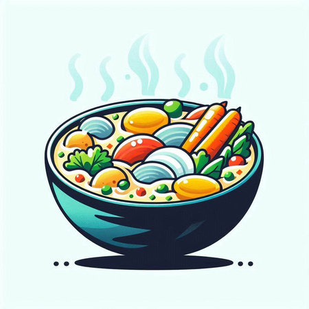 Bowl of hot soup with vegetables and spices. Vector illustration.のイラスト素材
