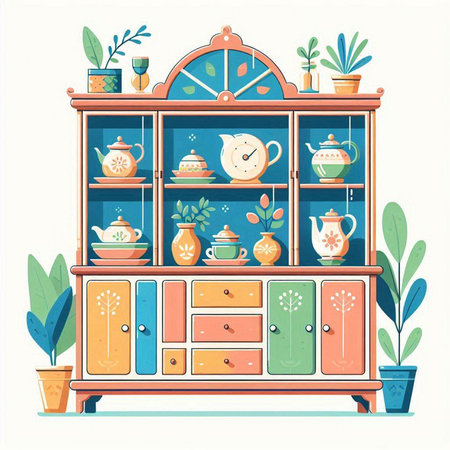 Cabinet with dishes and cups. Vector illustration in flat styleのイラスト素材