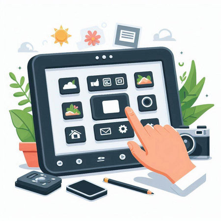Tablet computer with icons. Vector illustration in cartoon flat style.のイラスト素材