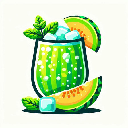 Cocktail with melon, ice cubes and mint. Vector illustration.のイラスト素材