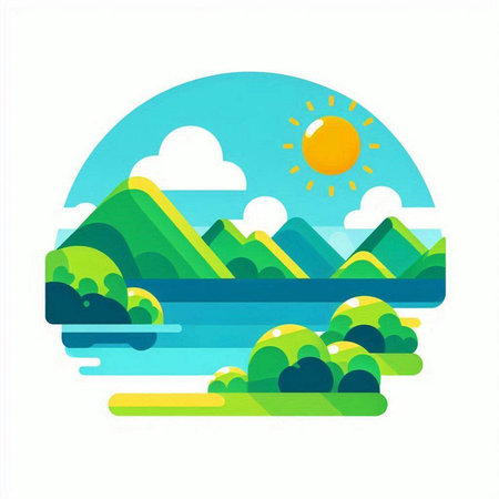 Landscape with mountains, river and sun. Vector illustration in flat styleのイラスト素材