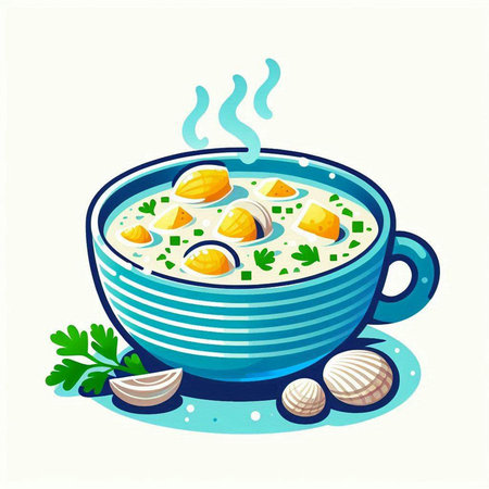 Illustration of a bowl of soup with clams and parsleyのイラスト素材