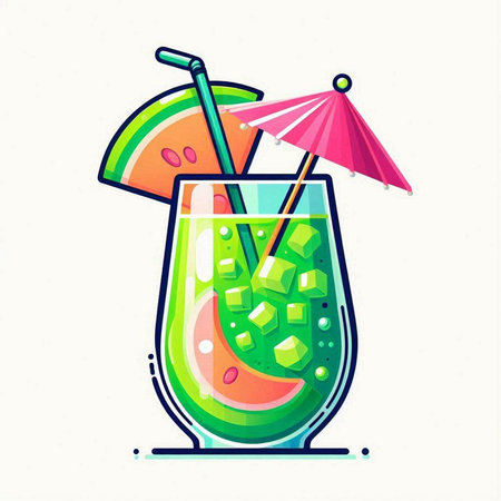 Cocktail with lime, watermelon, ice and umbrella. Vector illustrationのイラスト素材