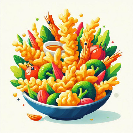 Vector illustration of a bowl of pasta with shrimps and vegetablesのイラスト素材