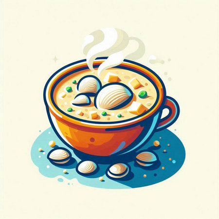 Creamy soup with clams in a bowl. Vector illustration.のイラスト素材