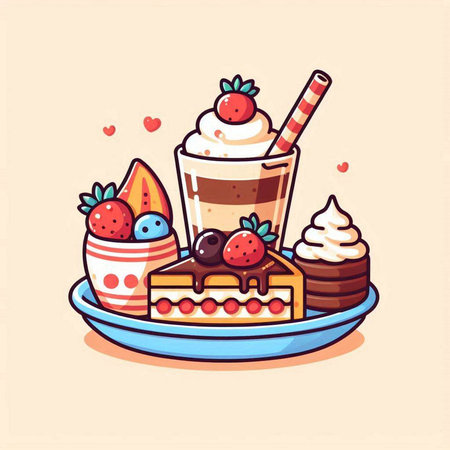 Illustration of a cake with strawberries, ice cream, chocolate and whipped creamのイラスト素材