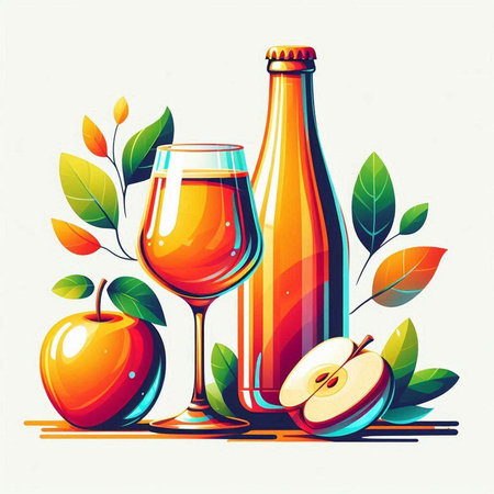 Bottle of apple cider and two glasses of wine. Vector illustration.のイラスト素材