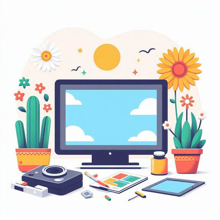 Graphic designer workplace with computer. Vector illustration in flat style.のイラスト素材
