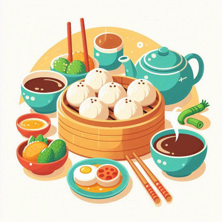 Vector illustration of dim sum in a wooden bowl with chopsticks.のイラスト素材