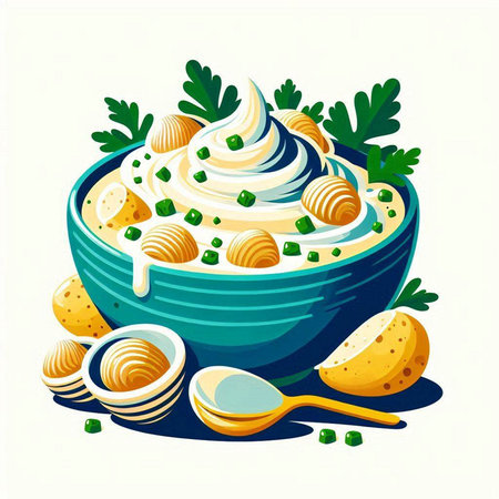 Vector illustration of a bowl of hummus with sour cream and parsleyのイラスト素材