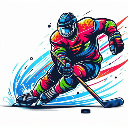 Ice hockey player with the stick and puck in action. Vector illustration.のイラスト素材