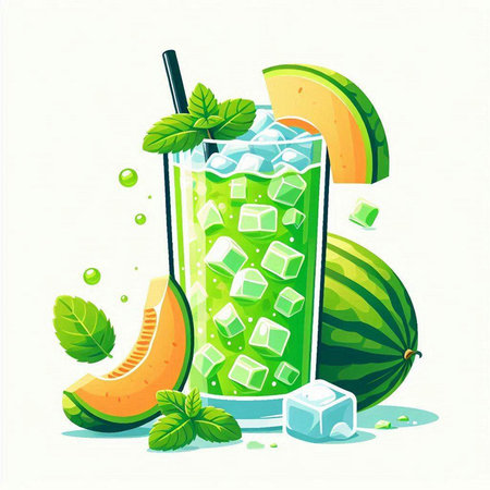Melon smoothie with mint and ice cubes. Vector illustration.のイラスト素材