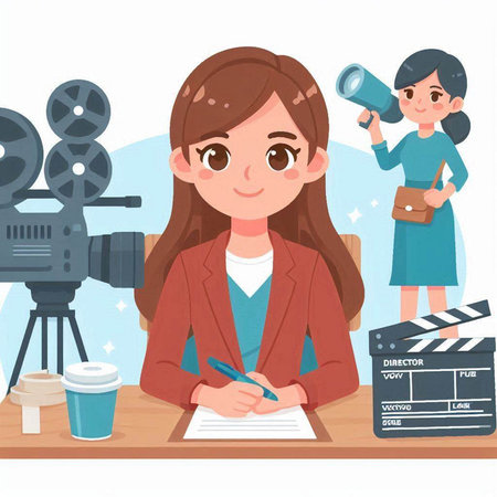 Cinema, film production, movie crew. Young woman writing in a notebook. Flat style vector illustration.のイラスト素材