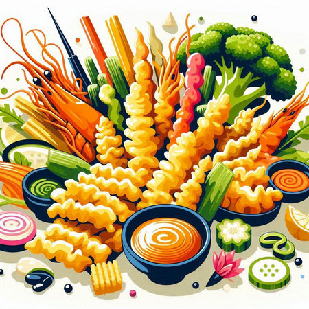 Illustration of a set of fresh vegetables and seafood. Vegetarian food.のイラスト素材