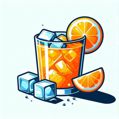 Cocktail with ice cubes and orange slice. Vector illustration.のイラスト素材