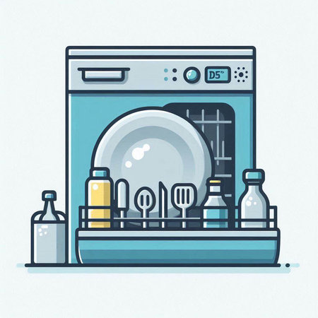 Dishwasher with dishware in flat style. Vector illustration.のイラスト素材