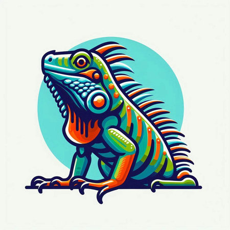 Illustration of a green iguana on a blue circle background.のイラスト素材