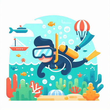Scuba diving vector illustration. Cartoon scuba diver with mask and snorkel.のイラスト素材