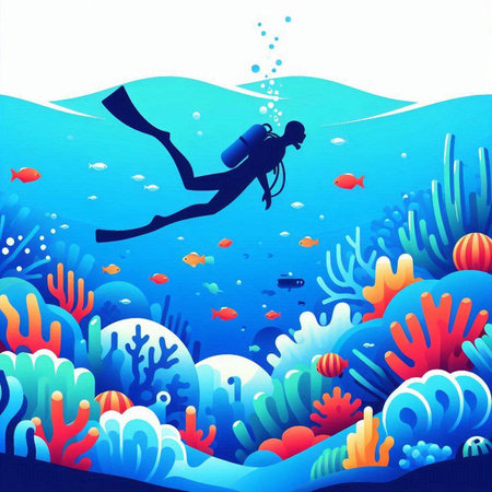 Illustration of a scuba diver in the sea, vector illustrationのイラスト素材