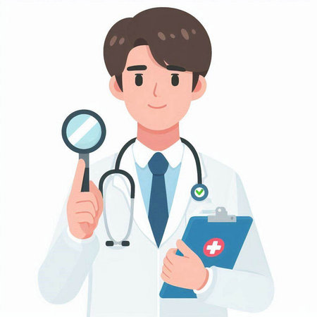 Male doctor with stethoscope and magnifying glass vector illustration.のイラスト素材