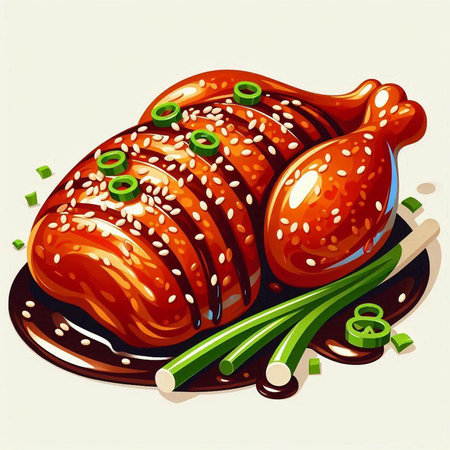 Illustration of a grilled chicken with sesame seeds and green onionsのイラスト素材