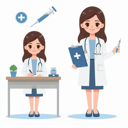 Female doctor and nurse with stethoscope and syringe vector illustration.のイラスト素材