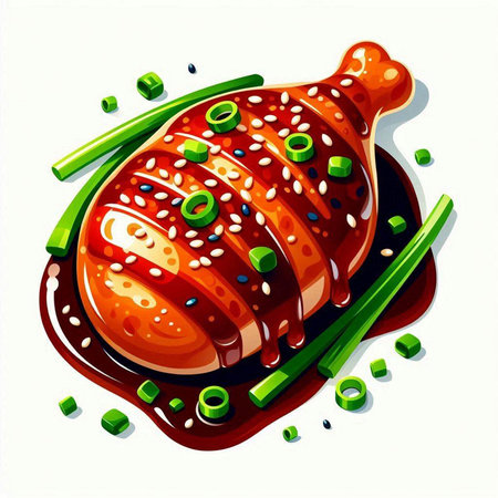 Illustration of grilled chicken with green onions and sauce on white backgroundのイラスト素材
