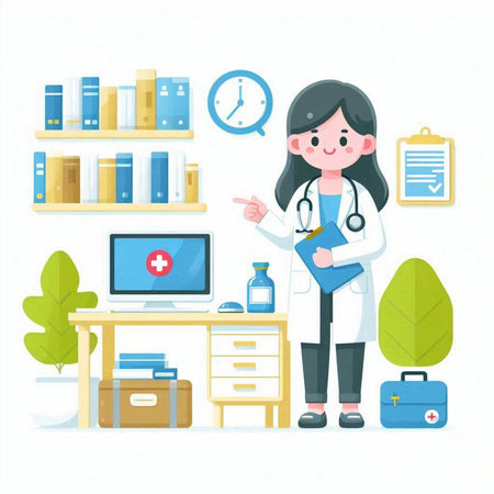 Female doctor with stethoscope in the office. Vector illustration.のイラスト素材