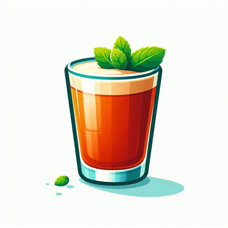 Illustration of a glass of tomato juice with mint leaves on a white backgroundのイラスト素材
