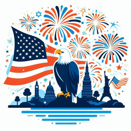 bald eagle with usa flag and fireworks in the background, vector illustrationのイラスト素材