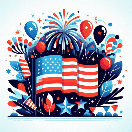 American flag with fireworks. Independence Day. Fourth of July. Vector illustration.のイラスト素材
