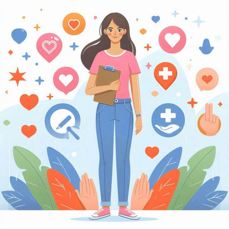 Vector illustration of a girl with a notebook and social media icons.のイラスト素材