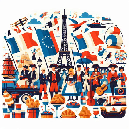 French travel and tourism. Vector illustration in flat design style with icons of famous landmarks.のイラスト素材