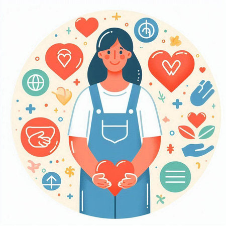 Vector illustration of woman with heart in hands. Flat style design.のイラスト素材
