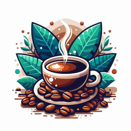 Coffee cup with coffee beans and leaves. Vector illustration.のイラスト素材