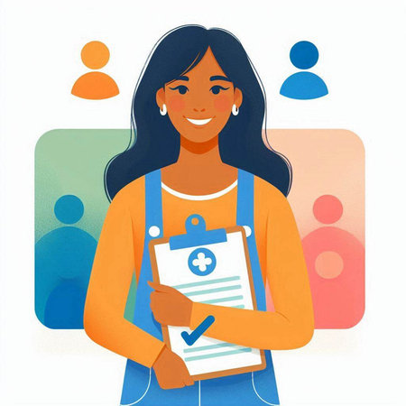 Vector illustration of a woman holding a clipboard with a medical record.のイラスト素材