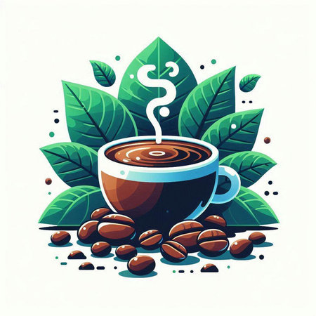 Coffee cup with coffee beans and leaves. Vector illustration.のイラスト素材