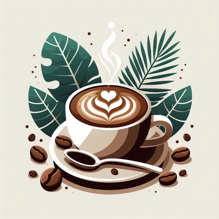 Coffee cup with coffee beans and leaves. Vector illustration.のイラスト素材