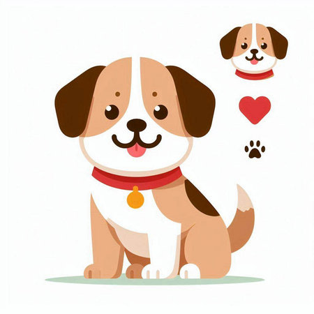 Cute cartoon dog vector illustration. Cute puppy with bone and heart.のイラスト素材