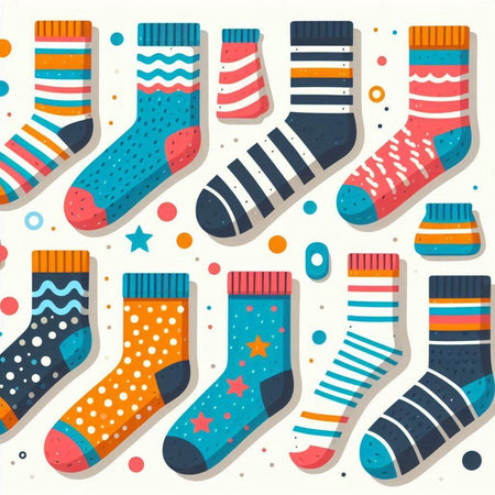 Set of colorful socks with different patterns. Vector illustration in flat style.のイラスト素材