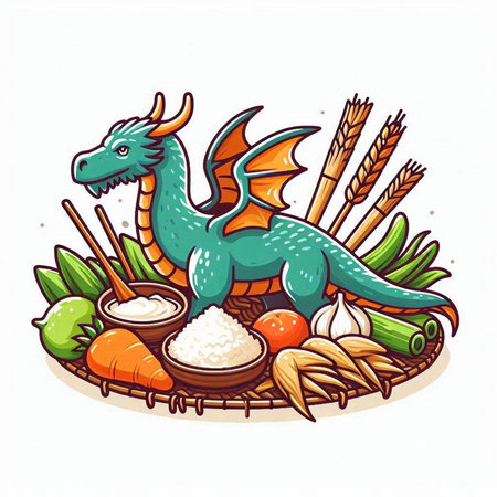 Vector illustration of a dragon with rice and vegetables in a basket.のイラスト素材