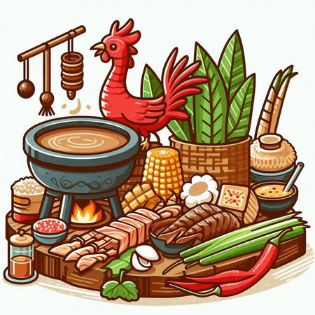Vector illustration of a traditional Korean barbecue with meat, vegetables, mushrooms, rice and chickenのイラスト素材