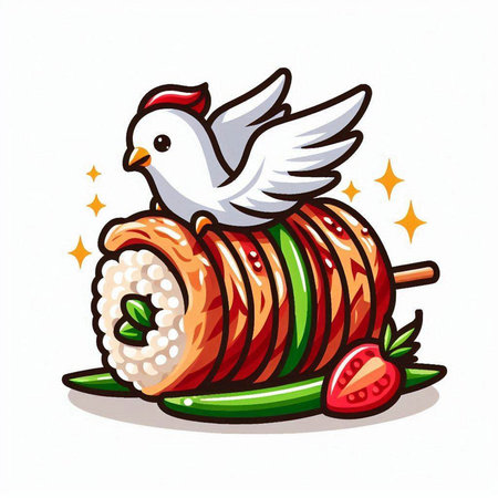 Illustration of a chicken flying over a piece of sushi roll.のイラスト素材