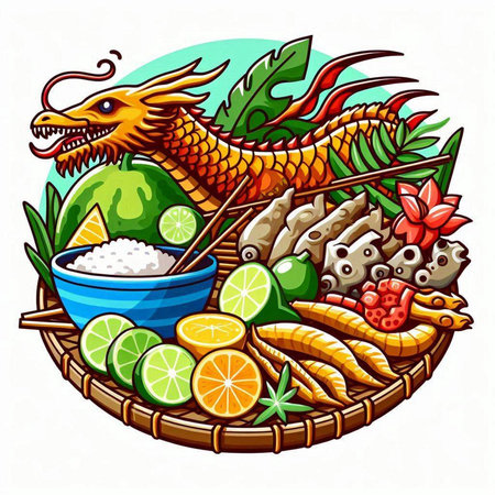 Vector illustration of a dragon eating rice in a basket with fruits and vegetablesのイラスト素材
